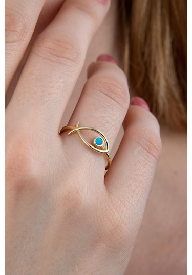 14 Ayar Altın Büyük Firuze Taş Detaylı Balık Yüzük Pembe Altın