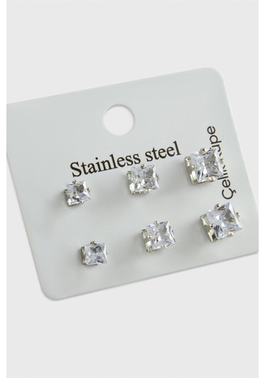 6 Adet Kare Zirkon Tek Taşlı Çelik Küpe 0422 Gümüş