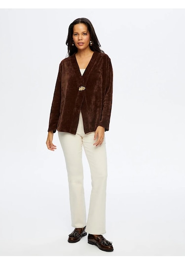 Faik Sönmez Metal Aksesuar Detaylı Şönil Kadın Hırka W26hrk004 Kahve