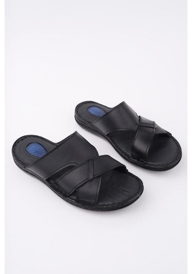 Muggo Eco Garantili Erkek Günlük Hakiki Deri Rahat Yumuşak Taban Ortopedik Terlik Siyah