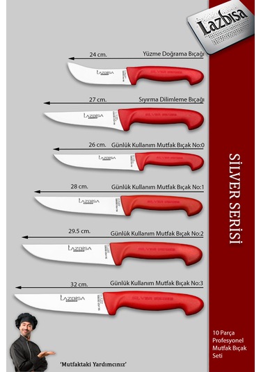 Silver Pro Seri Mutfak Bıçak Seti 10 Parça Et Börek Şef Bıçağı Kırmızı