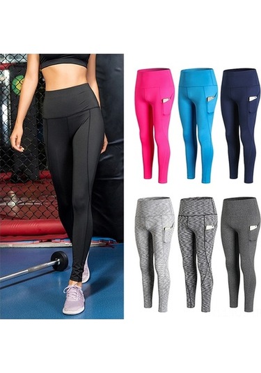 Fastbuy Yüksek Bel Yoga Pantolonu - Yan Cep, Esnek, Nefes Alabilen Spor Taytı Siyah Siyah
