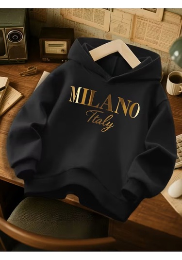 Kışlık Kapüşonlu Sweatshirt, Çocuk We Milano İtaliy Baskılı SiYAH
