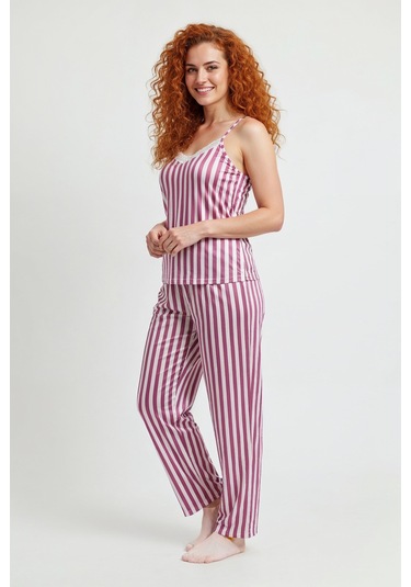 Altı Uzun İp Askılı Yumuşak Pembe Çizgili Pijama Takımı Çok Renkli