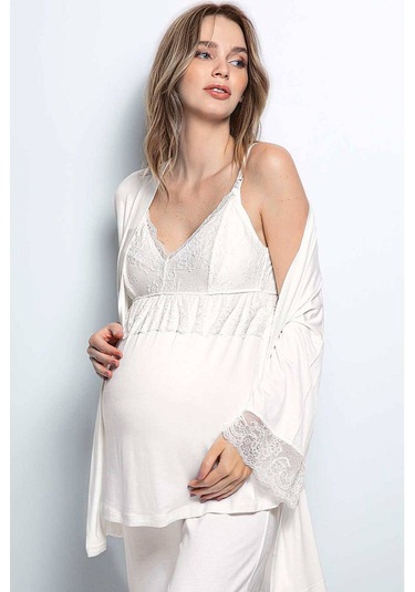 Monamise 18433 Hamile Lohusa Sabahlıklı Pijama Takım - Ekru