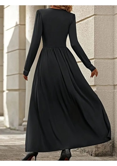 Kadın Uzun Kollu V Dantel Yakalı Yırtmaçlı Uzun Sandy Elbise Siyah