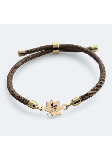 Atatürk Temalı Yaprak Figürlü Örgülü 14 Ayar Altın Plakalı Hediye Bileklik-331sembol-kahverengi Altın