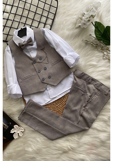 Zincir Detay Çift Düğmeli Erkek Çocuk Takım Elbise Gri Gri