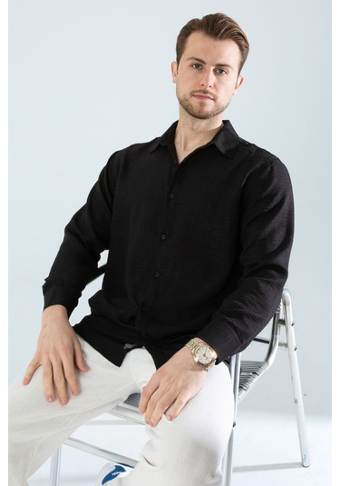 Rahat Kesim Keten Dokulu Gömlek Siyah