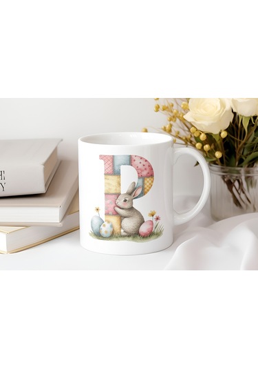 P Harfli Tavşan Kupa - Patchwork / Yamalı Desenli İsme Özel Kupa - Pastel Vintage Tarz Hediyelik 07 Beyaz