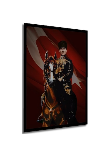 Mustafa Kemal Atatürk At Üzerinde Yağlı Boya Görünümlü Ahşap Dekoratif Tablo Uynkfrk63453