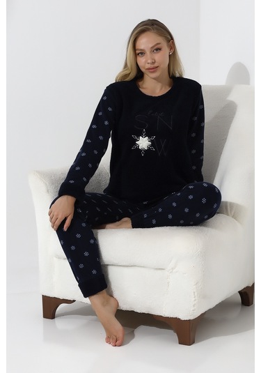 Fawn 5020 Peluş Welsoft Polar Kışlık Yumoş Kadın Pijama Takımı Lacivert