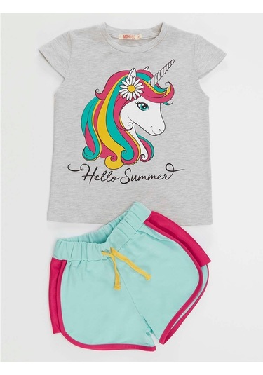 Denokids Mushi Çiçekli Unicorn Kız T-Shirt Şort Takım Çok Renkli
