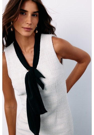 Sateen Fularlı Kolsuz Tüvit Elbise - Taş-135149 Taş