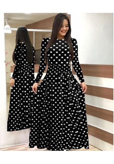 Kadın Krep Kumaş Uzun Kollu Tam Boy Puantiyeli Elbise 132 Cm Siyah