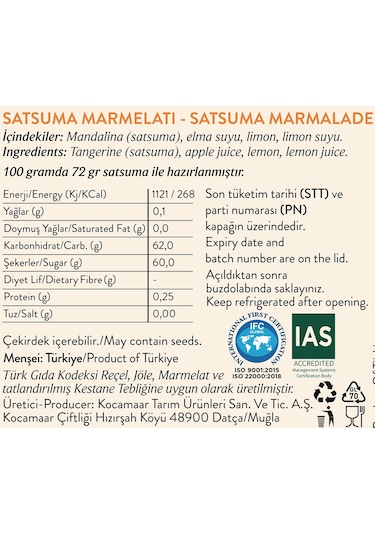 Kocamaar Çiftliği Satsuma Marmelatı Rafine Şeker İlavesiz 275 G