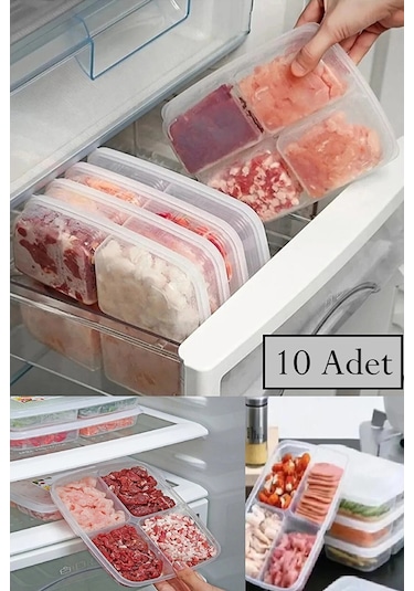 Bayev Dondurulmuş 4 Bölmeli Öğünlük Et Sebze Saklama Kabı Organizeri 10 Adet Çok Renkli
