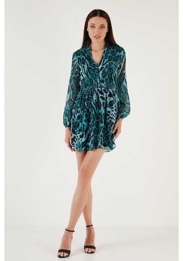 Lela V Yaka Regular Fit Gipeli Düğme Detaylı Şifon Mini Bayan Elbise 611El01433 Mavi-Siyah