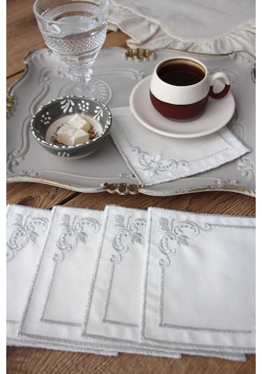 Köşeli 6'lı Kokteyl Kahve Sunum Peçetesi Nakış İşlemeli Gardenya Sunumluk Gümüş