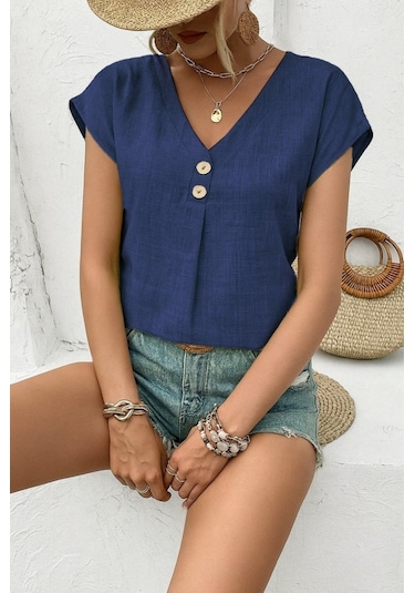 Simala Kadın Kısa Kollu V Yakalı Düğmeli Keten Bluz Mavi