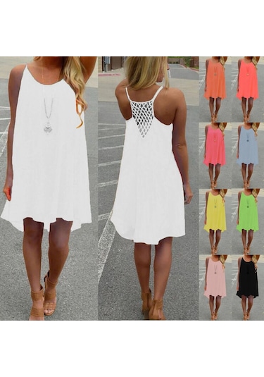 Bol Günlük Kolsuz Spagetti Askılı Mini Plaj Elbiseleri Oymalı Açık Pembe