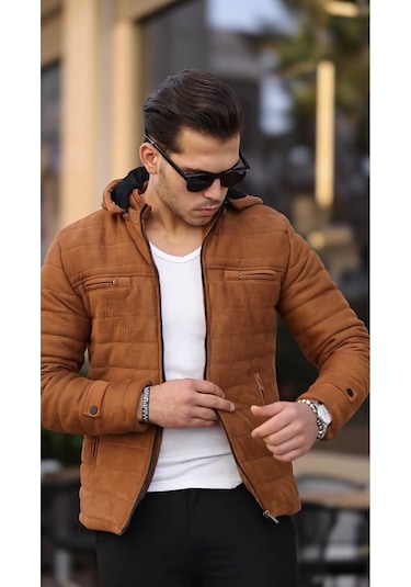 Erkek Taba Dar Kesim Kapüşonlu Süet Mont Taba