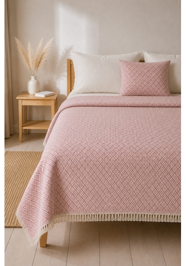 Dokuma Pike Çiftkişilik 200x220 Çok Amaçlı Bohem Yatak Örtüsü Pembe