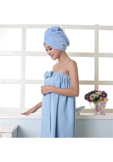 Mavi Kadın Sevimli Ilmek Çabuk Kuruyan Banyo Havlusu Spa Sarar Ve Duş Bonesi Bornoz Seti