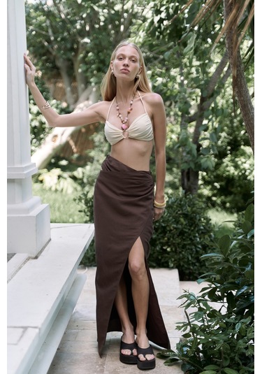 Fabriyonto Asimetrik Kahve Uzun Etek Kahve