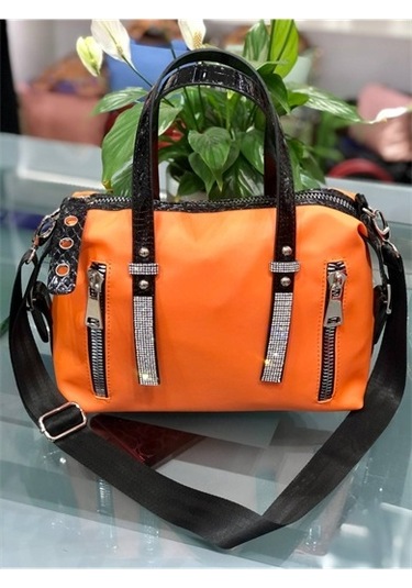 Sentt Deri Taşlı Önden 2 Fermuarlı Çanta Turuncu