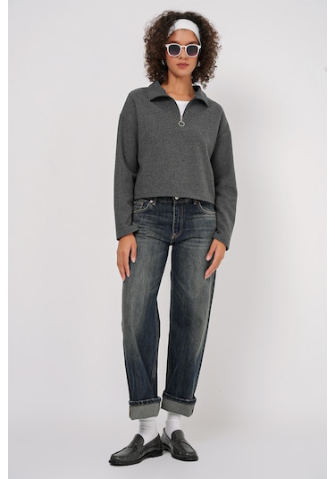 Bigdart 55449 Fermuarlı Yaka Örme Sweatshirt - Antrasit