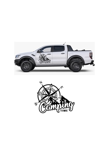 30X25 cm-Camping Time Dağ Manzarası Pusula Karavan Sticker.