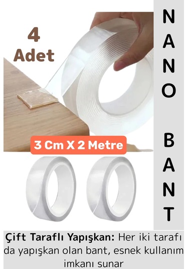 Ultra Güçlü Esnek Kesilebilir Kolay Kullanım Estetik Çift Taraflı Nano Şeffaf Bant 3 Cmx2 Metre 4 Ad