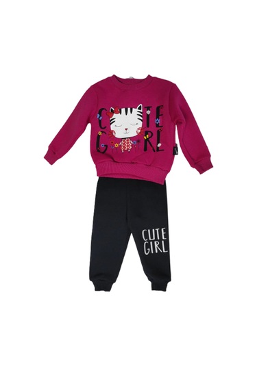 Kız Çocuk Alt Üst Takım Kışlık Üç İplik Kedili Fuşya