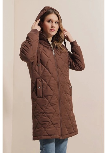 5138 Kapitone Uzun Şişme Mont - Kahverengi Kahverengi