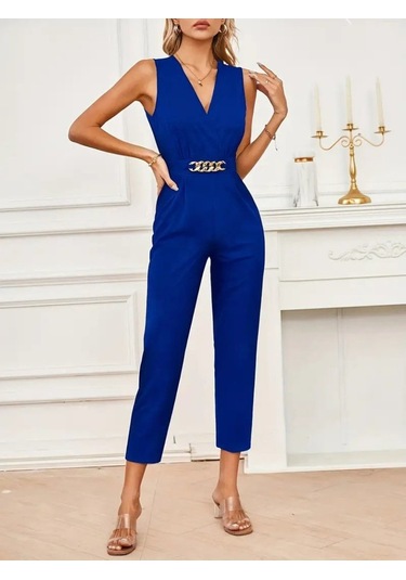 Leyla Sanat Sanata Yeni Bir Bakış Açısı Kadın Sıfır Kollu Kruvaze Detaylı Ithal Krep Tulum Saks Mavi