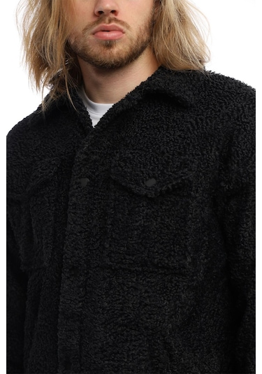 Erkek Kıvırcık Peluş Cıt Cıt Kapamalı Ceket Siyah
