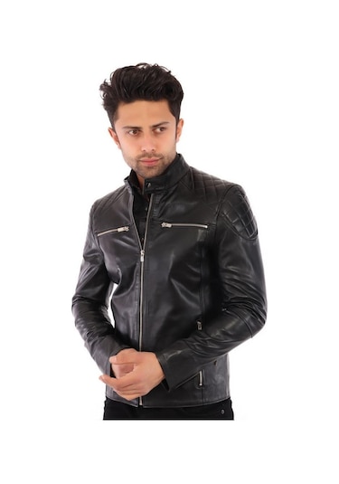 Hakiki Deri Siyah Erkek Deri Mont Omuz Baklava Desenli Koldan Fermuar Detaylı Dört Cepli Deri Ceket Siyah