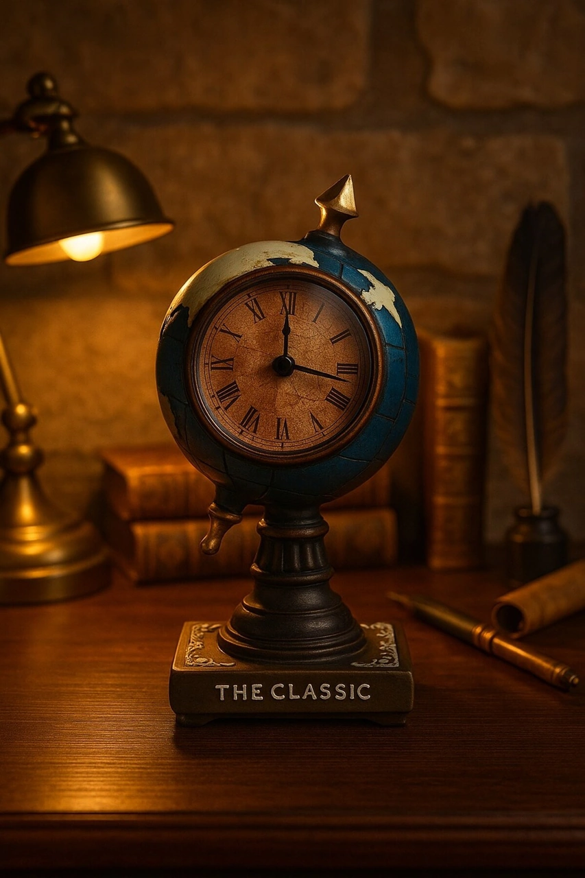 Çalışma Masanıza Klasik Asil Tasarım Nostaljik Masa Saati Biblosu Dünya Küresi Antika Saat 19 Cm-m Renkli