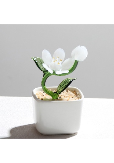 Suntek Magideal  Saksı Bitki Cam Heykeli Heykelcik Dekoratif Hediye Beyaz