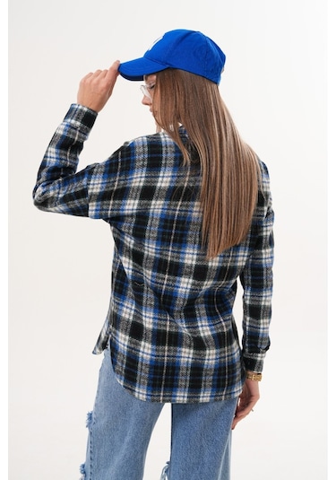 Kadın Desen Bloklu Oduncu Oversize Bol Ve Geniş Kalıp Casual Cepli Yakalı Ceket Gömlek Lacivert