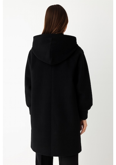 Fermuar Kapamalı Kapişonlu Kaban Siyah Siyah