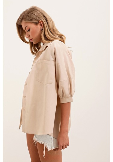 20213 Oversize Kısa Kol Basic Gömlek - Krem 001