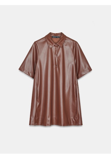 Dilvin 90934 Suni Deri Mini Gömlek Elbise-karamel Karamel