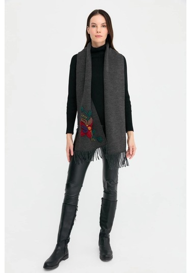 Desen Triko Kadın Örgü Çiçek İşlemeli Püsküllü Kaşkol 24072 K.füme K.füme Koyu Füme