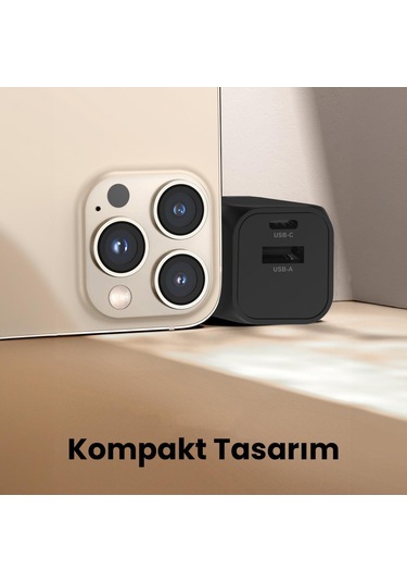 Juo 20W GaN USB-C + USB-A Şarj Aleti iPhone & iPad & Android Uyumlu PD QC4.0 Type-C Hızlı Şarj Cihazı Siyah
