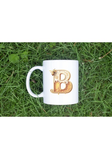 B Harfi Bal Arısı Tasarım Kupa Bardak - Bal Ve Petek Desenli Kişiye Özel Kahve Kupası - Hediyelik Beyaz