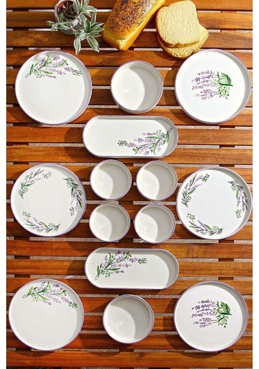 14 Parça 6 Kişilik Stackable Lavantalı Kahvaltı Takımı - Lüx Kahvaltılık Sunum Seti Tabağı Mor Mürdüm