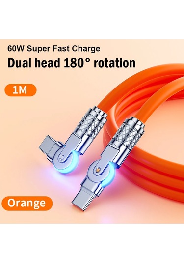 Çift Dönen Hızlı Şarj Kablosu Usb C Tip-c Şarj Cihazı Sıvı Silikon Kablo Huawei Orange 1m Diğer