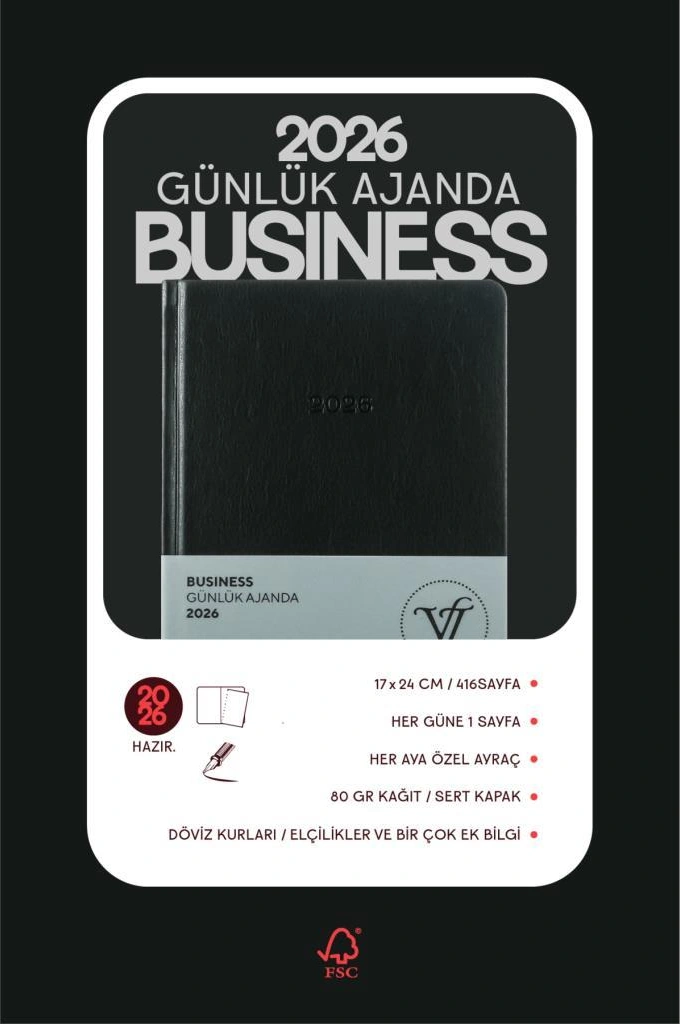 Victoria's Journals Business 2026 Günlük Ajanda 17x24cm Sert Kapak Ivory 80gr. Ayraçlı Siyah Siyah